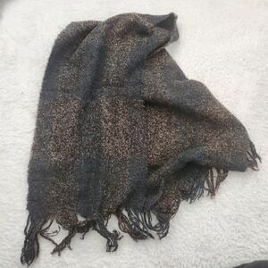 Kenneth Cole‎ New York Scarf Plaid Boucle Knit Fringe Charcoal Brown Grey Mens